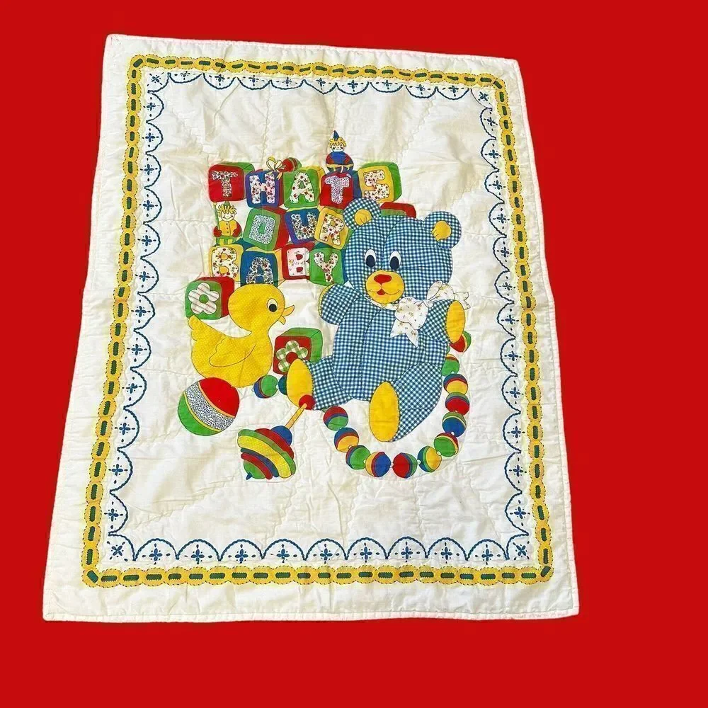 Vintage Teddy Bear Duck Baby Blanket That's Our Baby White Primary Colors Crib‎